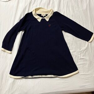 Konges Slojd Kid 6/7 Navy Collared Dress Cream Trim Cherry Embroidered Preppy